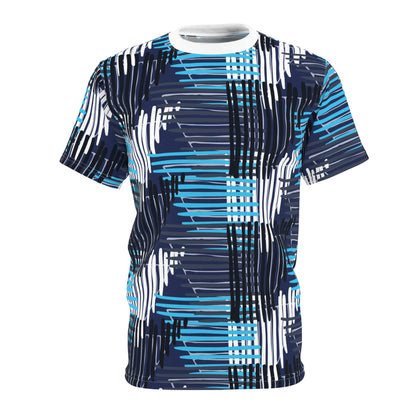 Unisex Cut & Sew Tee - Hatched Trapezoids Blue and Black Ink Overlapping (AOP)