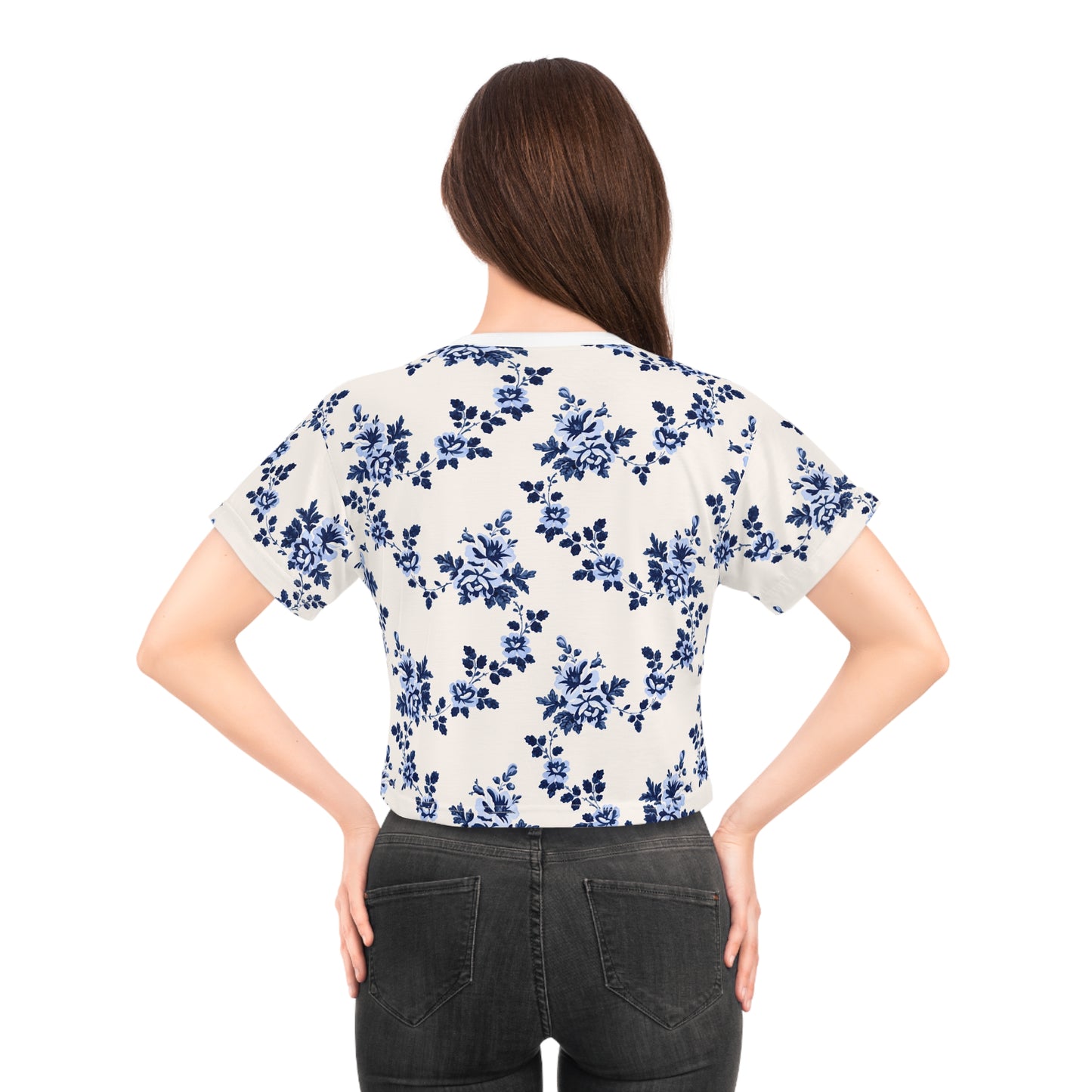 Women's Blue Flowers Crop Tops T-Shirt (All Over Print)