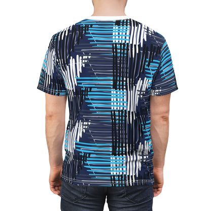 Unisex Cut & Sew Tee - Hatched Trapezoids Blue and Black Ink Overlapping (AOP)