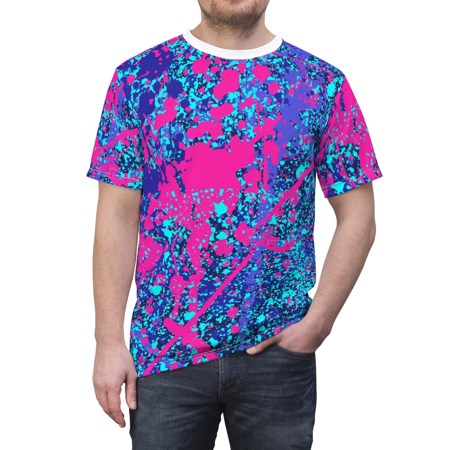 Unisex Cut & Sew Tee - Colourful Blue and Pink Splash (AOP)