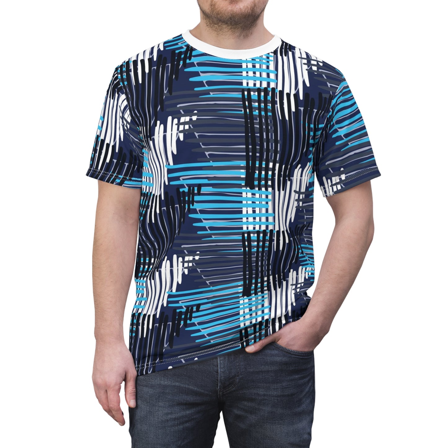 Unisex Cut & Sew Tee - Hatched Trapezoids Blue and Black Ink Overlapping (AOP)